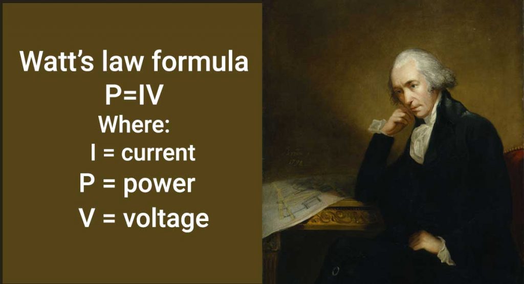 Watt's law formula: P=IV, where I=current, P=power, V=voltage