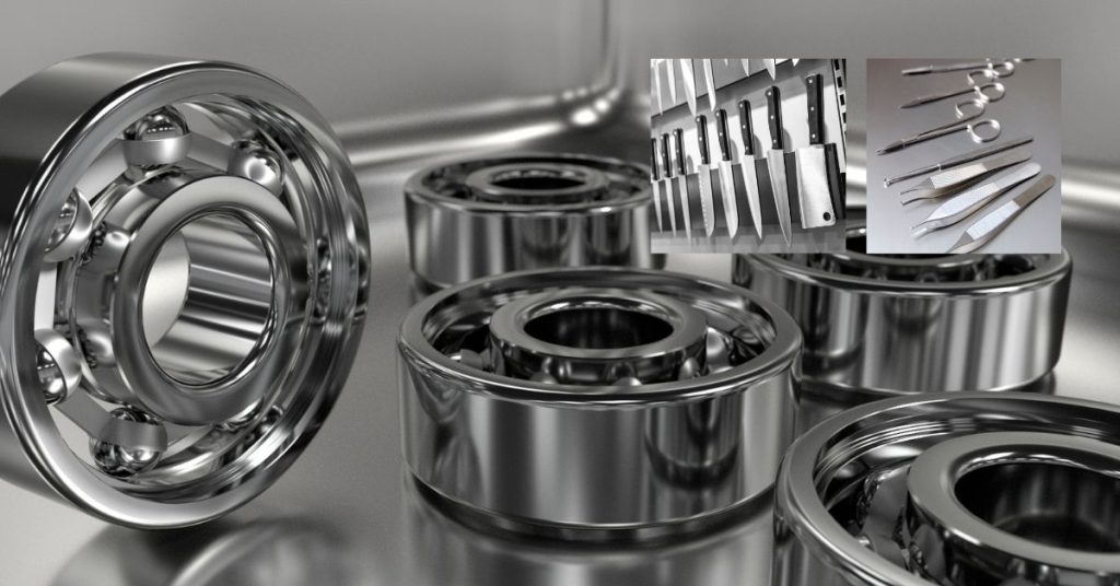 440 Stainless Steel depiction showing steel bearings, medical instruments and stainless steel knives.